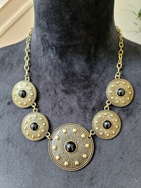Antique Gold Tone Black Medallion Statement Necklace Boho Fashion Jewelry
